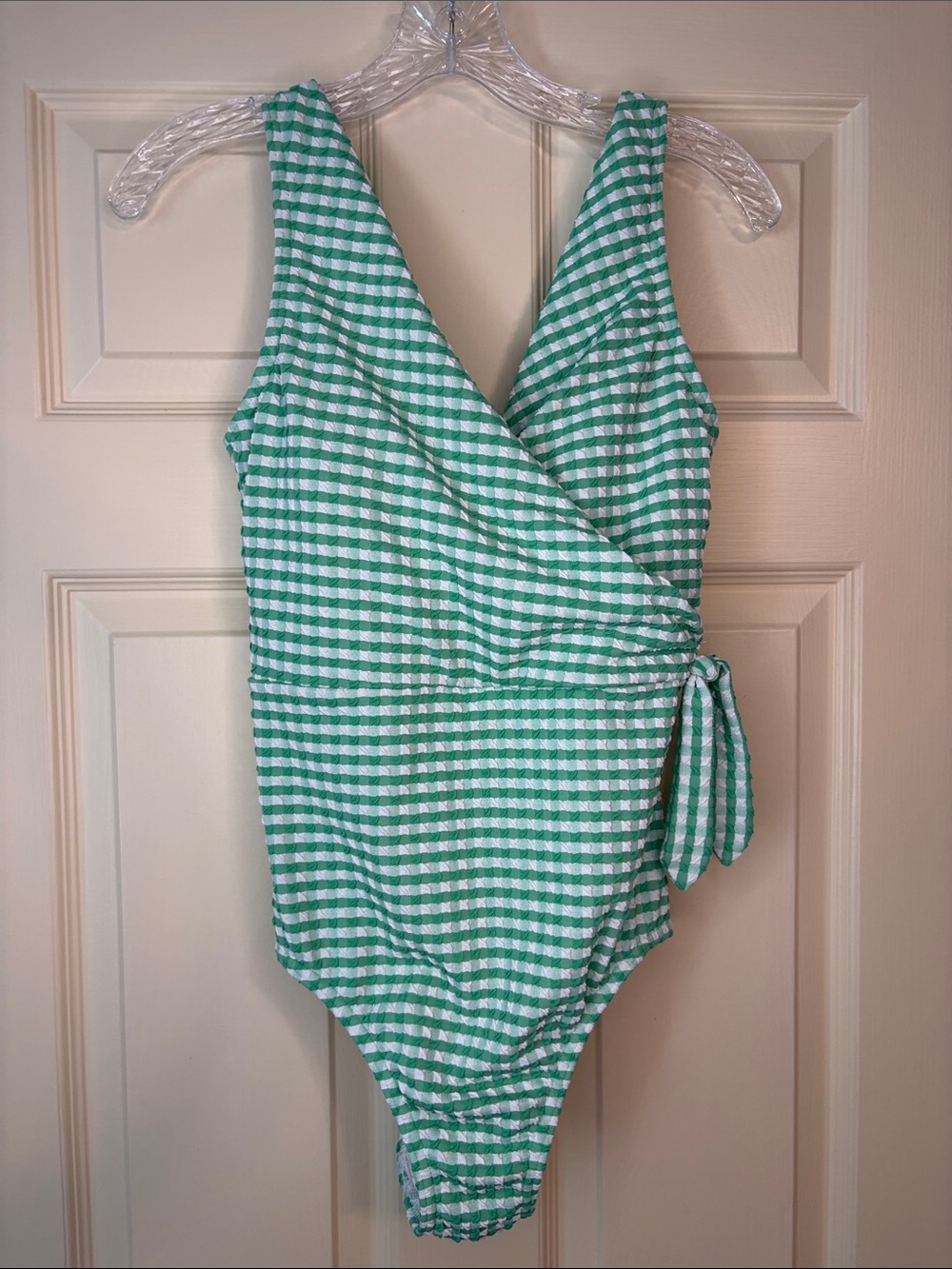 Lands End Green White Gingham One Piece Swimsuit Women’s Size 8 Wrap Tie Retro